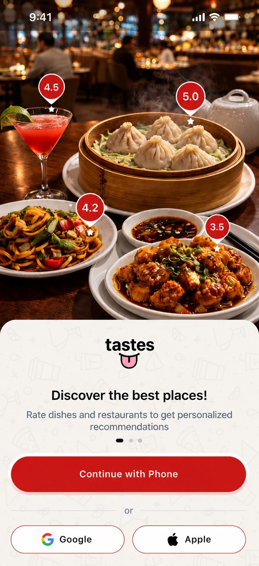Tastes sign-up screen